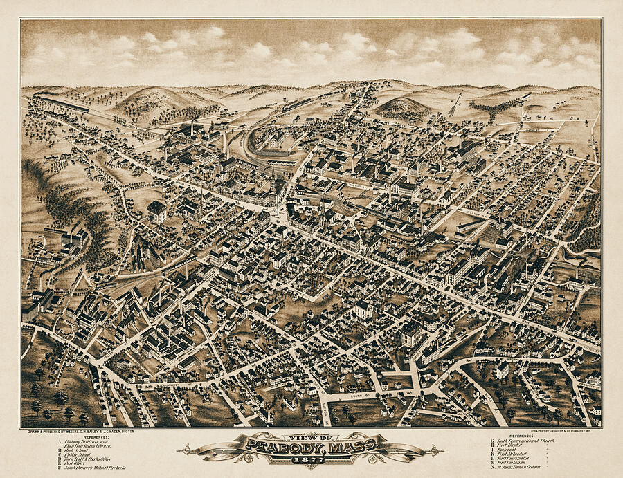 Peabody Massachusetts Vintage Map Birds Eye View 1877 Sepia Photograph ...