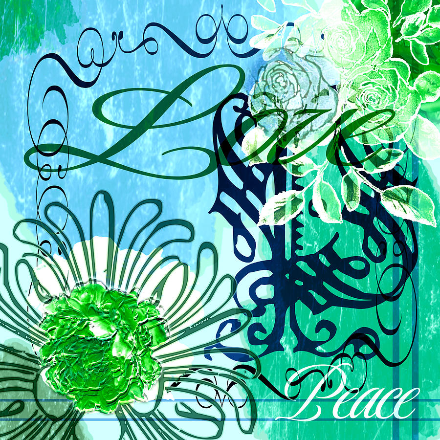 Peace and Love Blue Green Collage Digital Art by Delynn Addams