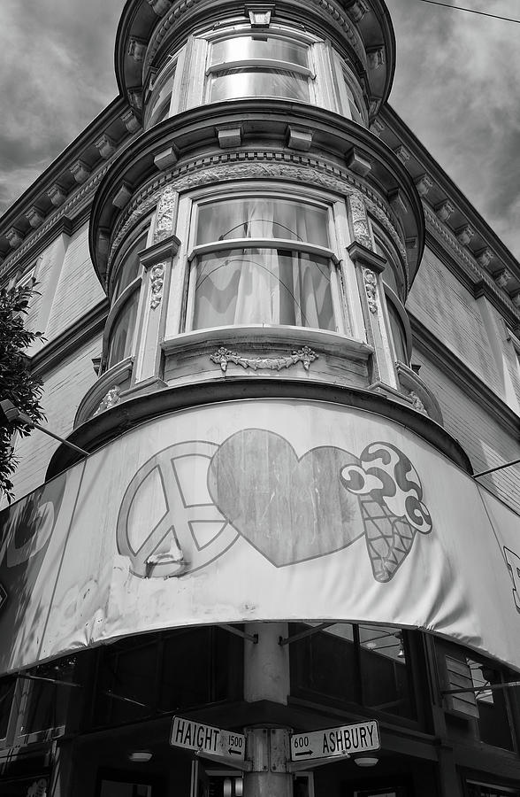 Peace Love and Ice Cream Ben and Jerrys Haight Ashbury San Francisco Black and White Photograph by Shawn OBrien