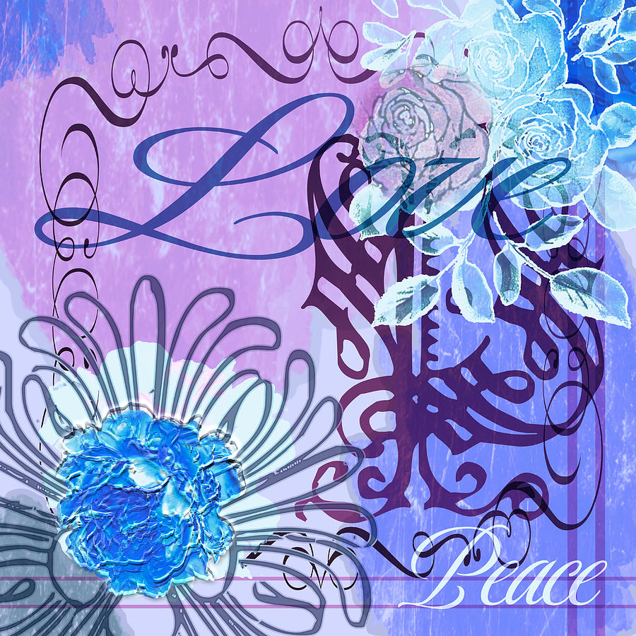 Peace Love Blue Lavender Peony Floral Collage Digital Art by Delynn Addams