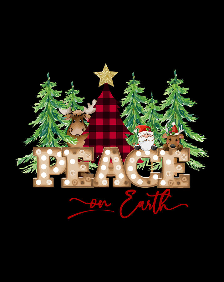 Peace On Earth Santa Reindeer Buffalo Plaid Tree Christmas Digital Art ...