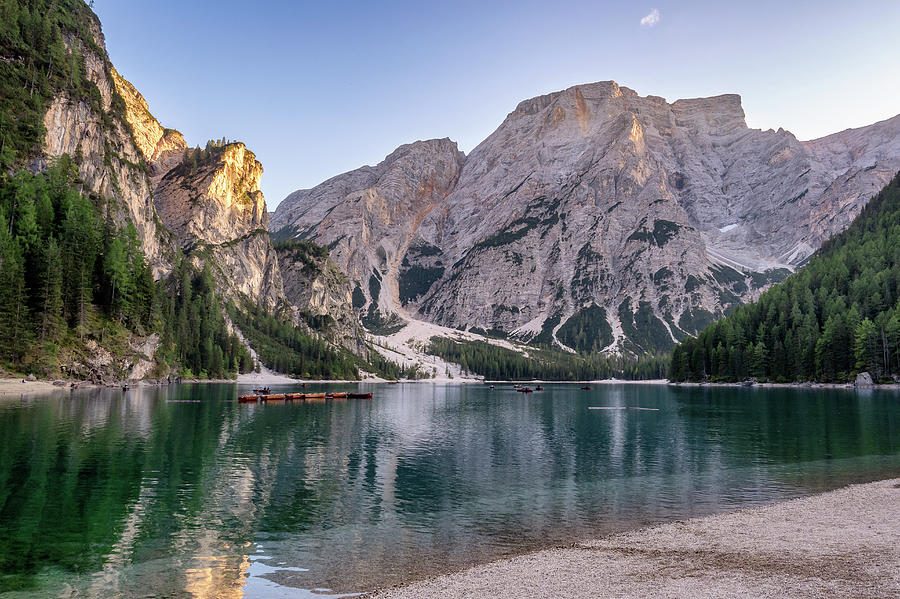 Peaceful alpine lake Braies in Dolomites mountains. Lago di Brai ...