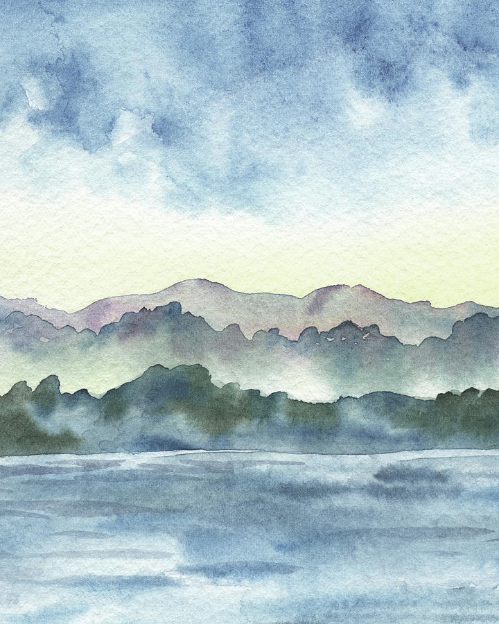 Peaceful Hills Over The River Watercolor  Painting by Irina Sztukowski