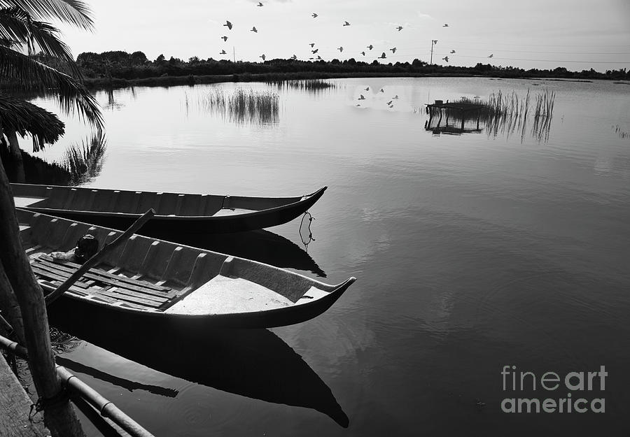 Boat Photograph - Peaceful Scenic Landscape Lake Boats Black White  by Chuck Kuhn