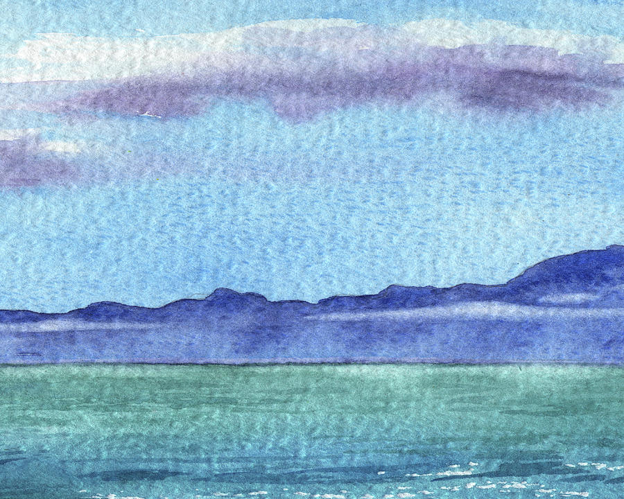 Peaceful Seascape Watercolor Lake With Mountains And Clouds Painting by Irina Sztukowski