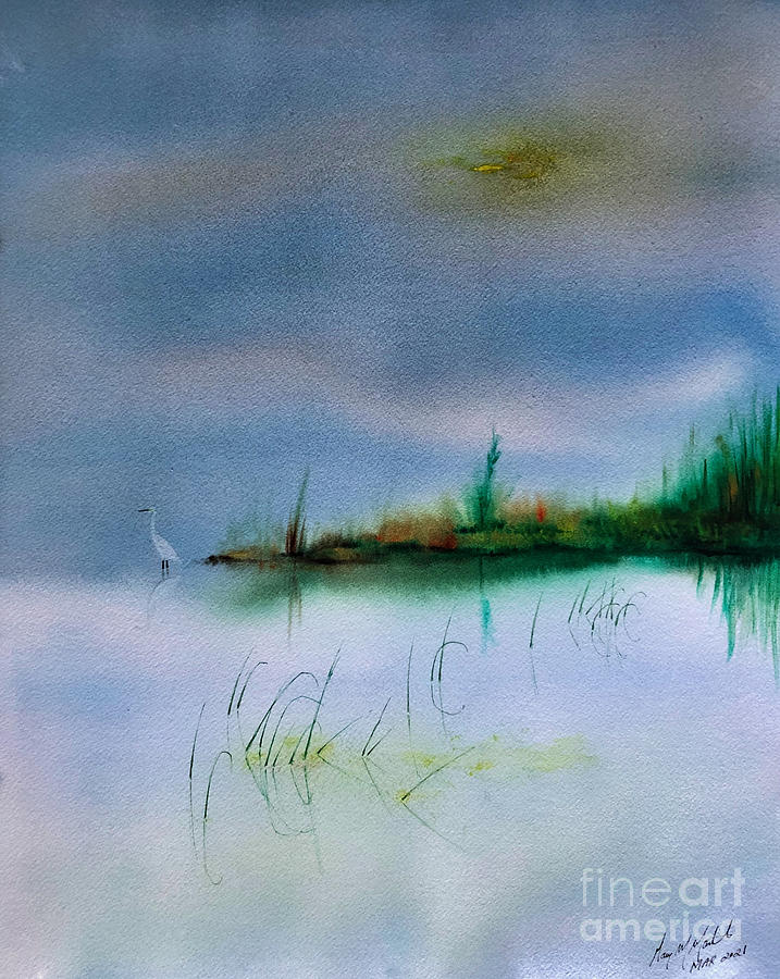 Heron Painting - Peaceful shore by Gary Martinek