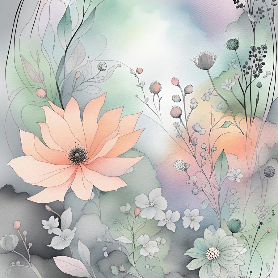 Peach and Gray Botanical II Digital Art by Bonnie Bruno