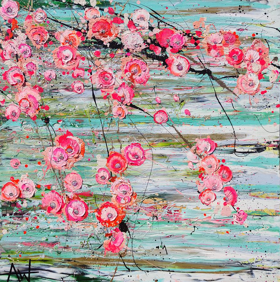 Peach Blossons on Water Painting by Angie Wright