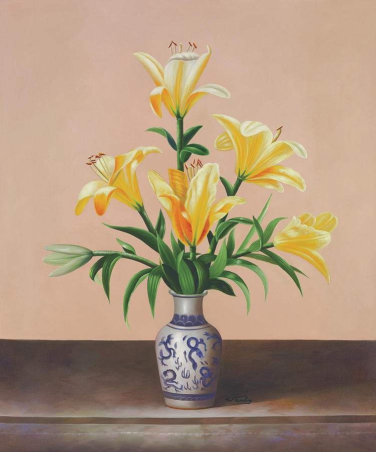Lily Painting - Peach Lilies by Welby