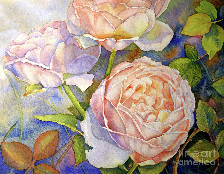 Peach Roses Wide View Painting by Bonnie Rinier