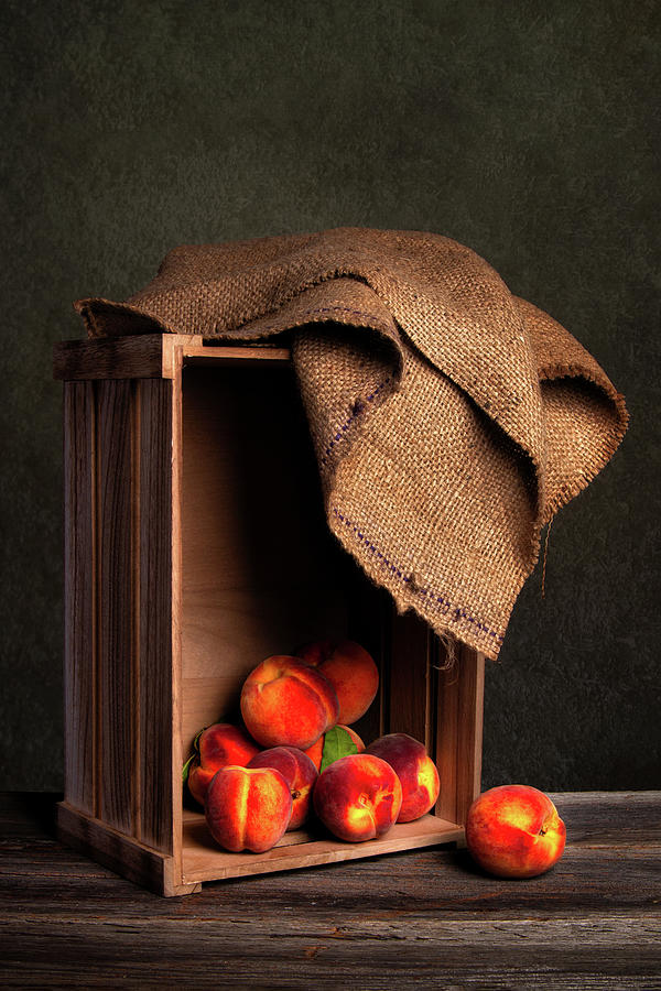 Peach Photograph - Peaches in Wooden Crate with Burlap by Tom Mc Nemar