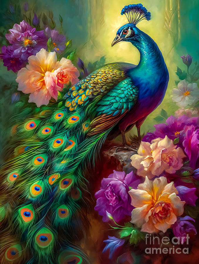 Peacock and Flowers Series 1 Digital Art by Carlos Diaz