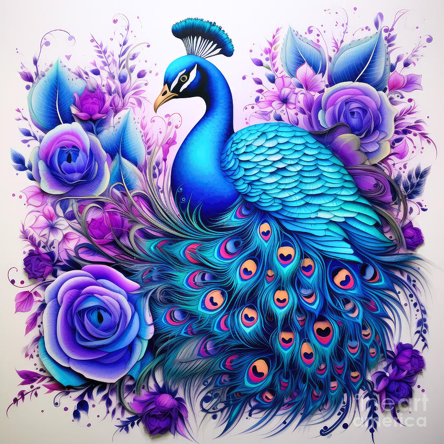 Peacock Digital Art - Peacock and Roses by Elisabeth Lucas