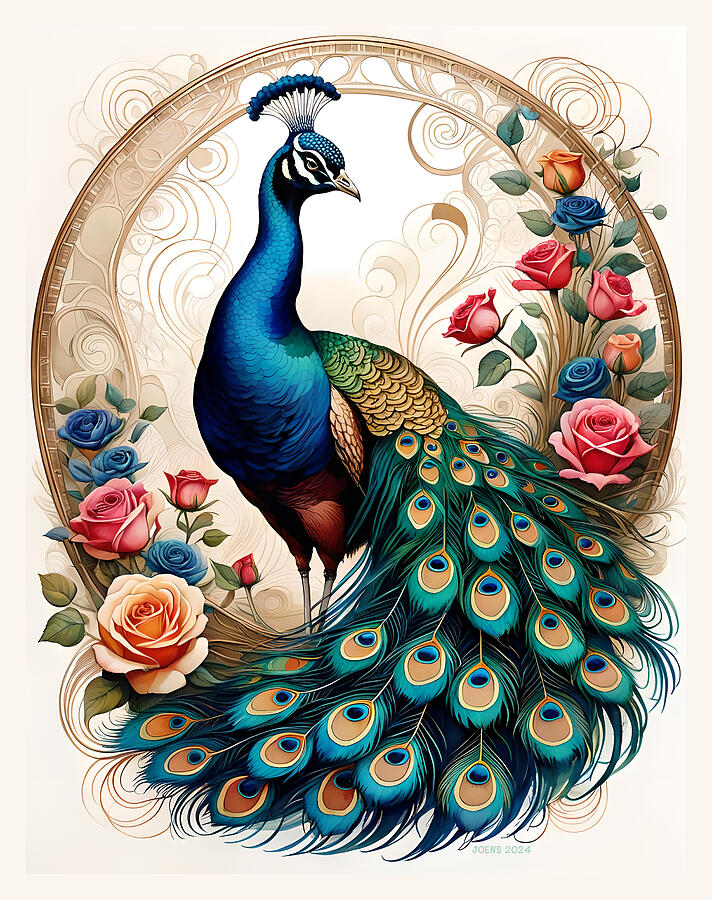 Peacock Digital Art - Peacock and Roses by Greg Joens