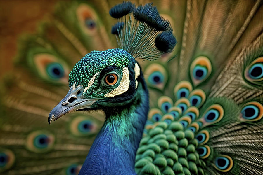 Peacock Closeup with Feathers Fanned Out in Background Digital Art by Jim Vallee