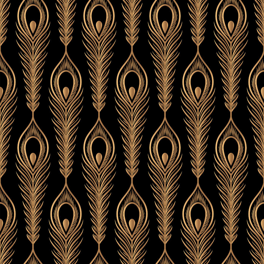 Peacock Feathers Luxury Pattern Seamless. Oriental Gold Black Royal Background. Indian Design Drawing