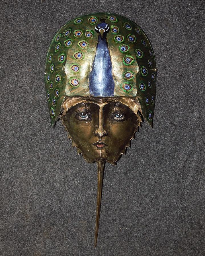 Peacock Helmeted Horseshoe Crab Mask Painting by R  Allen Swezey