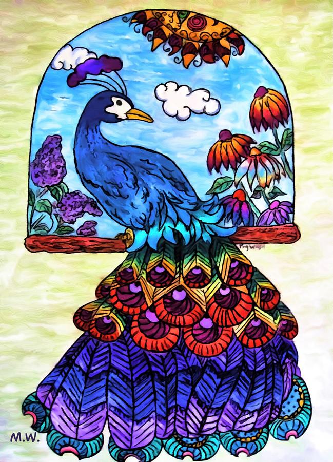 Peacock in the Window Mixed Media by Megan Walsh