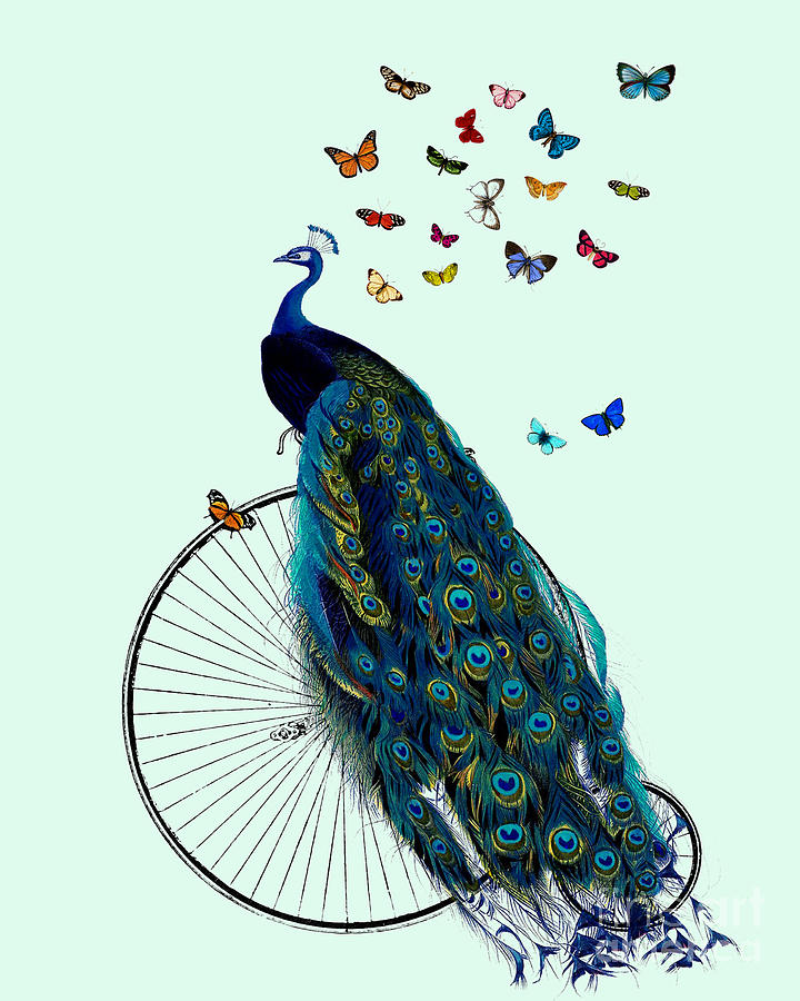 Peacock Digital Art - Peacock On A Bicycle With Butterflies by Madame Memento
