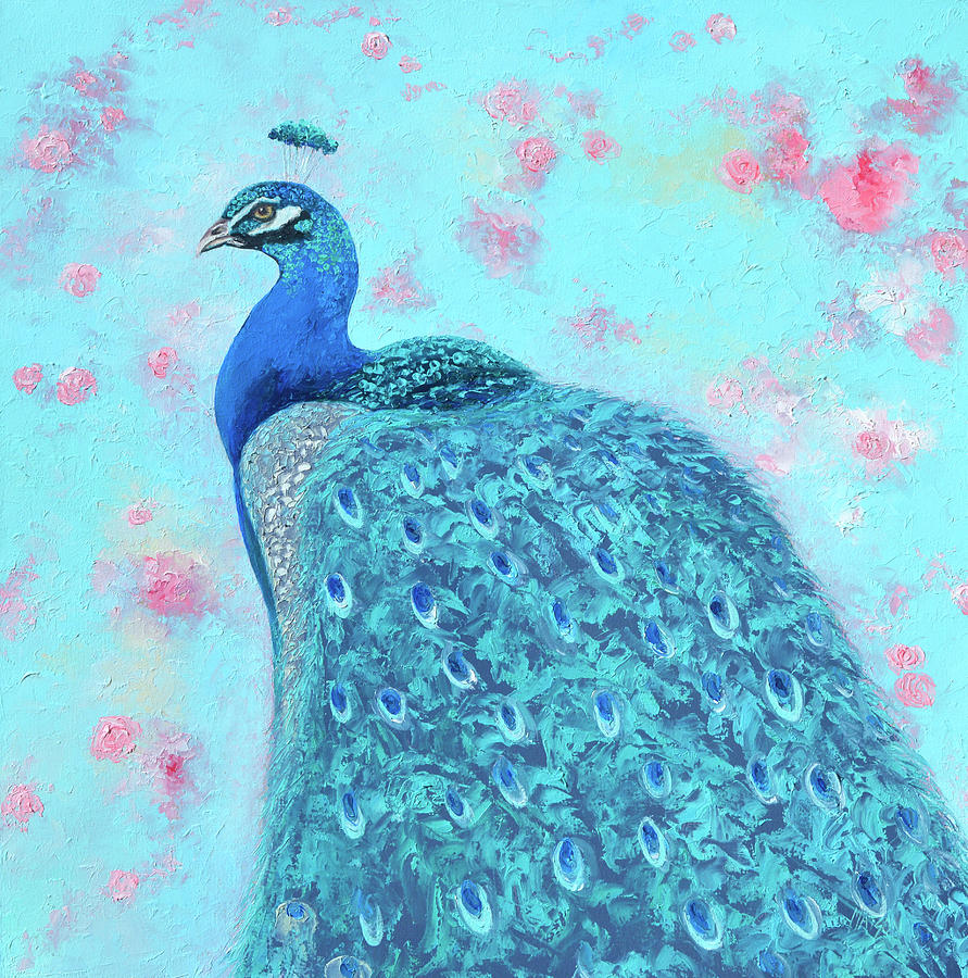 Peacock on floral background Painting by Jan Matson