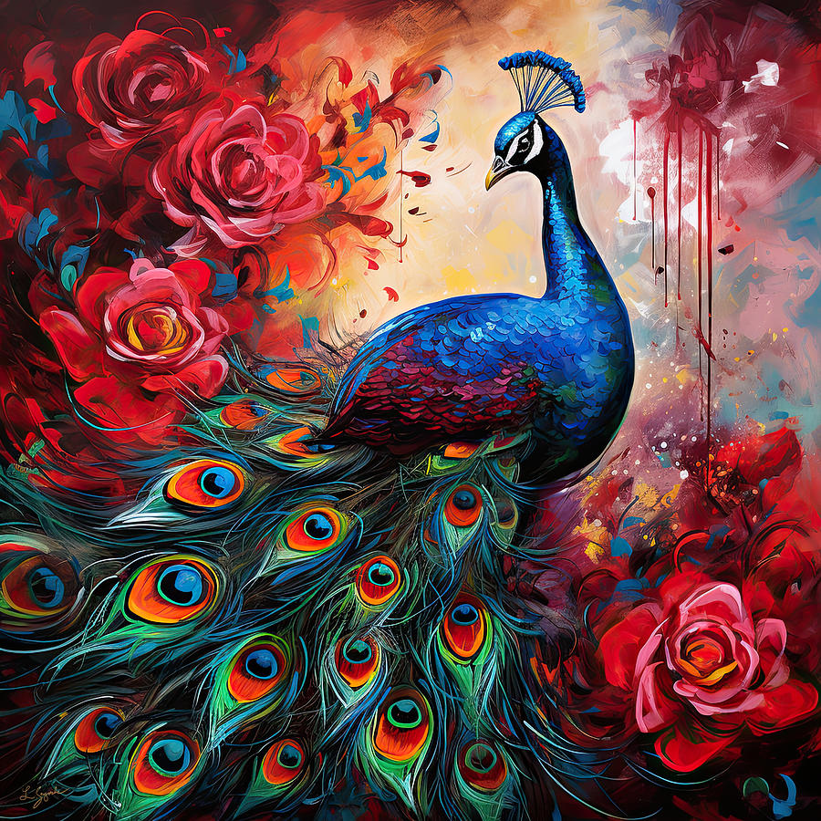 Peacock Portrait - Colorful Peacock in All Its Glory Painting by Lourry Legarde