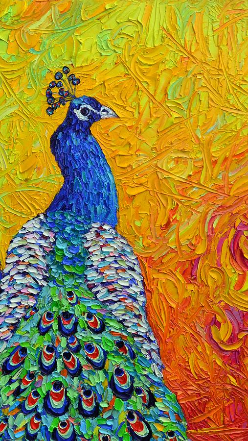 Peacock Painting - PEACOCK textural impasto palette knife oil painting contemporary impressionism by Ana Maria Edulescu by Ana Maria Edulescu
