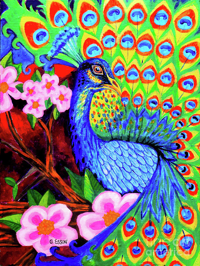 Peacock With Cherry Blossoms At Sunset Painting by Genevieve Esson