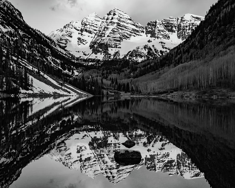 Peak Reflections of Maroon Bells - Aspen Colorado Monochrome Photograph by Gregory Ballos