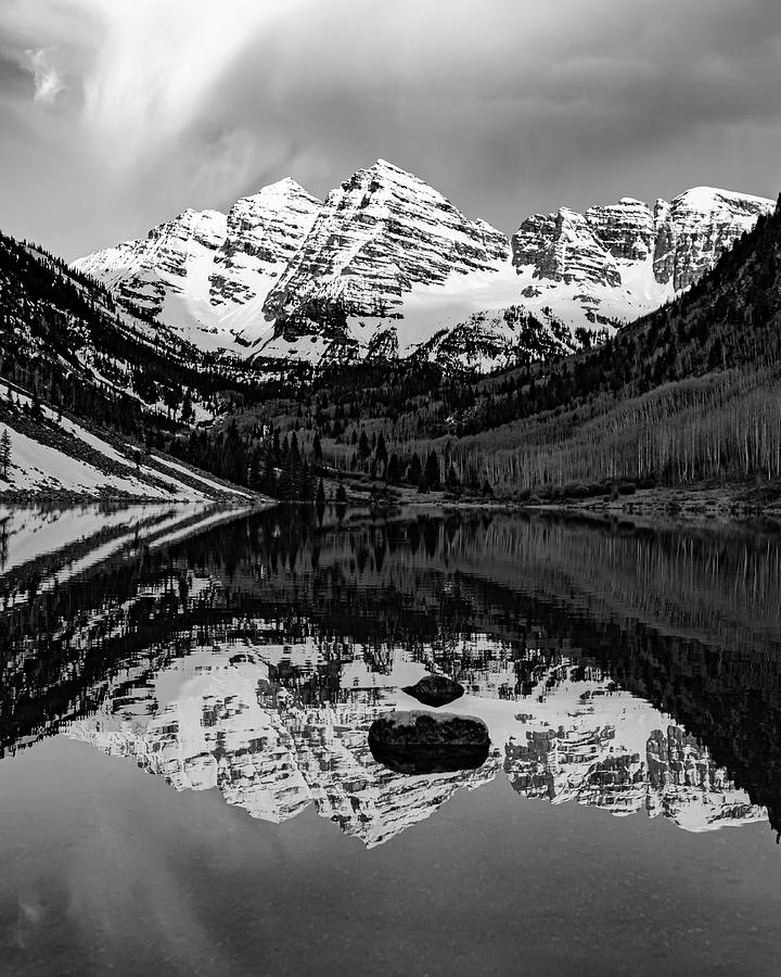 Peak to Peak Reflections of The Maroon Bells - Black and White Photograph by Gregory Ballos