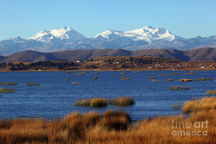 Peaks of the Cordillera Real range and totora reeds Lake Titicaca Bolivia Photograph by James Brunker
