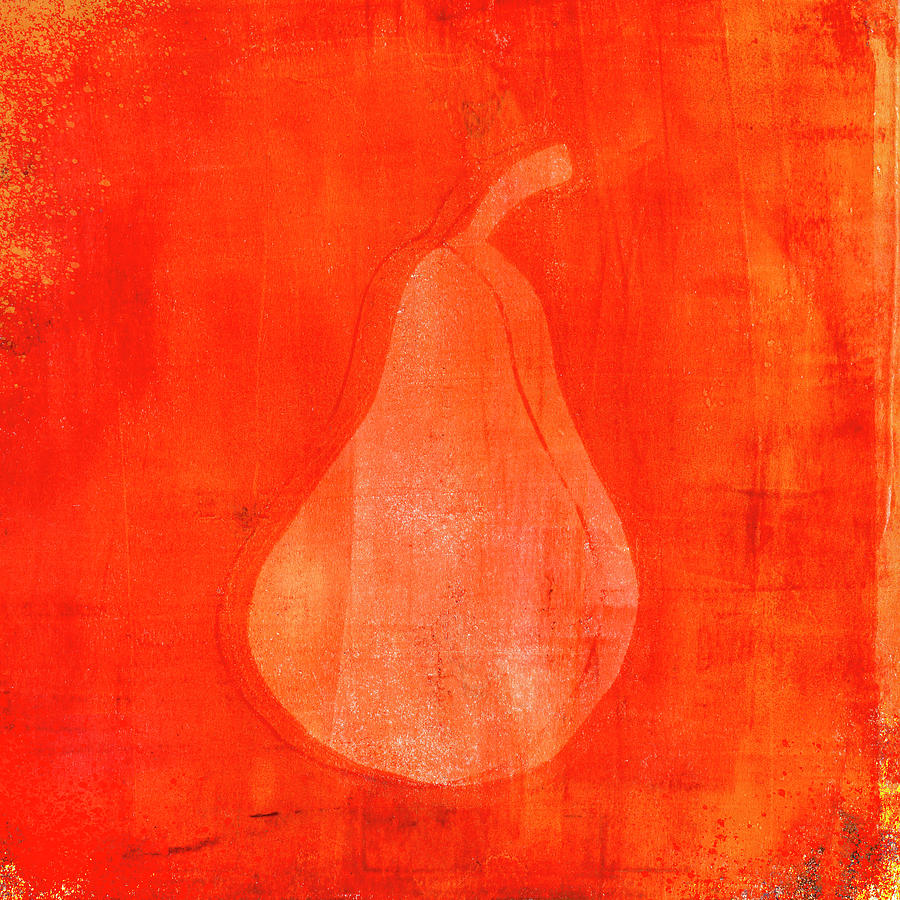Pear in Red and Yellow Monoprint Mixed Media by Carol Leigh