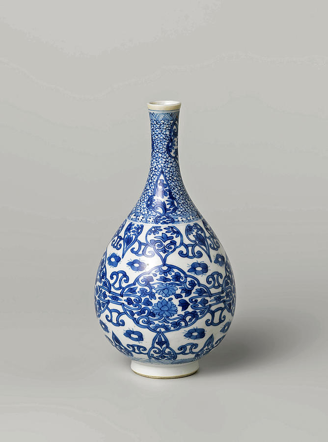 Pear-shaped bottle vase with lotus scrolls in panels, anonymous, c. 1680 - c. 1720 Painting by Artistic Rifki