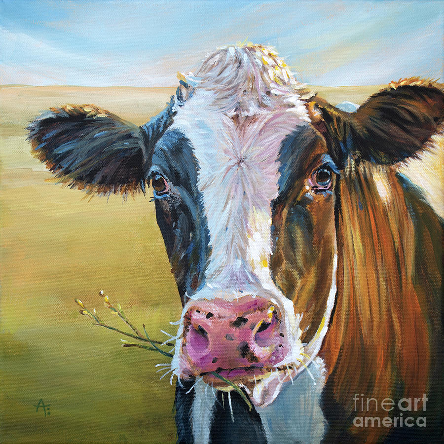 Pearl - Black and White cow Painting by Annie Troe