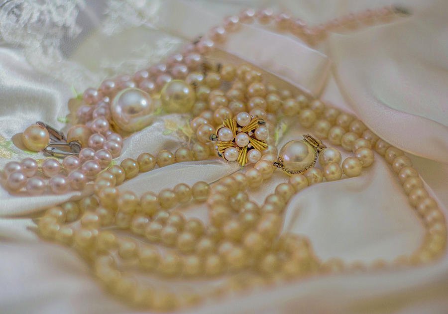 Still Life Photograph - Pearls and satin with embroidery by Cordia Murphy
