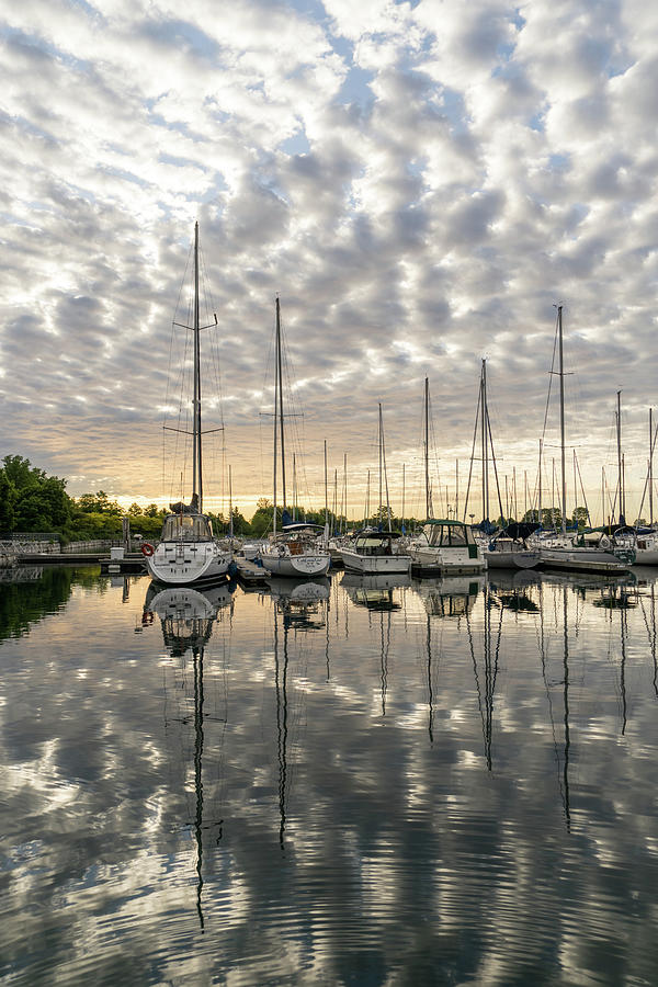 Pearly Clouds and Ripplets - Calm Marina Sailboats Reflected Photograph by Georgia Mizuleva