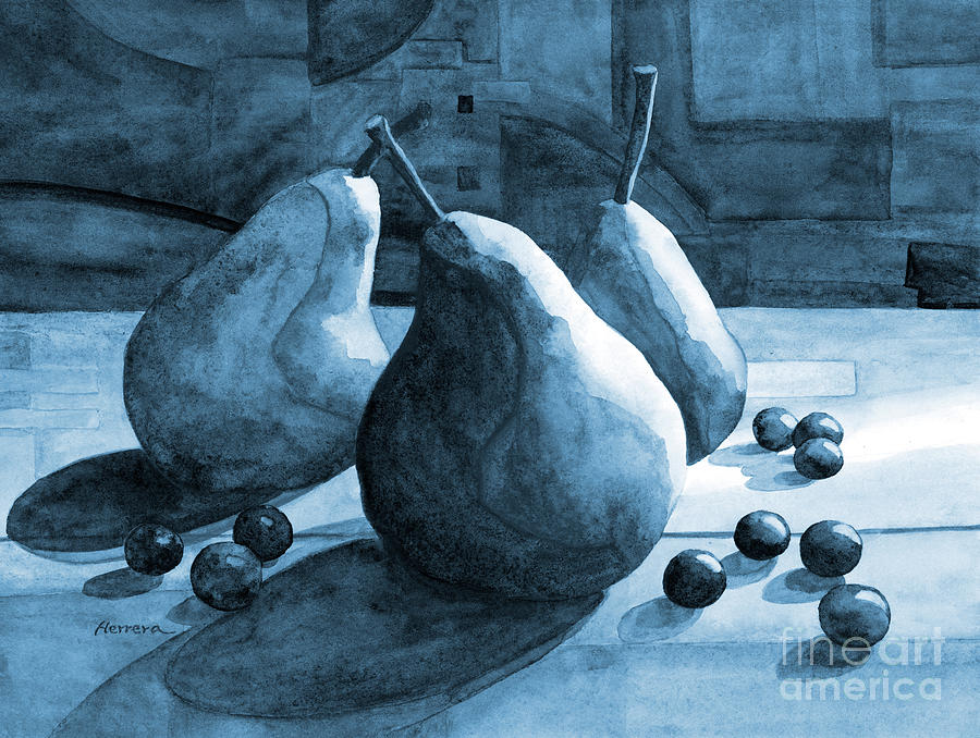 Pears and Blueberries in Blue Painting by Hailey E Herrera