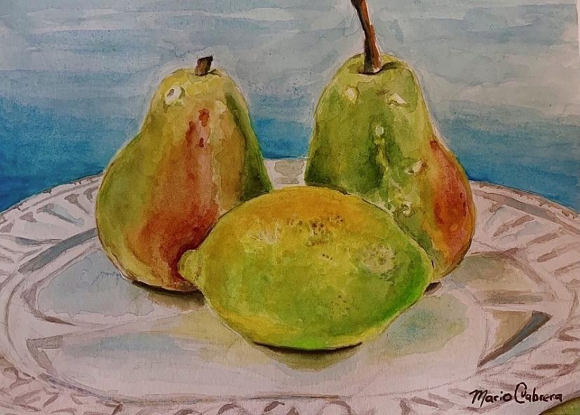 Pears and  lemon Painting by Mario Cabrera