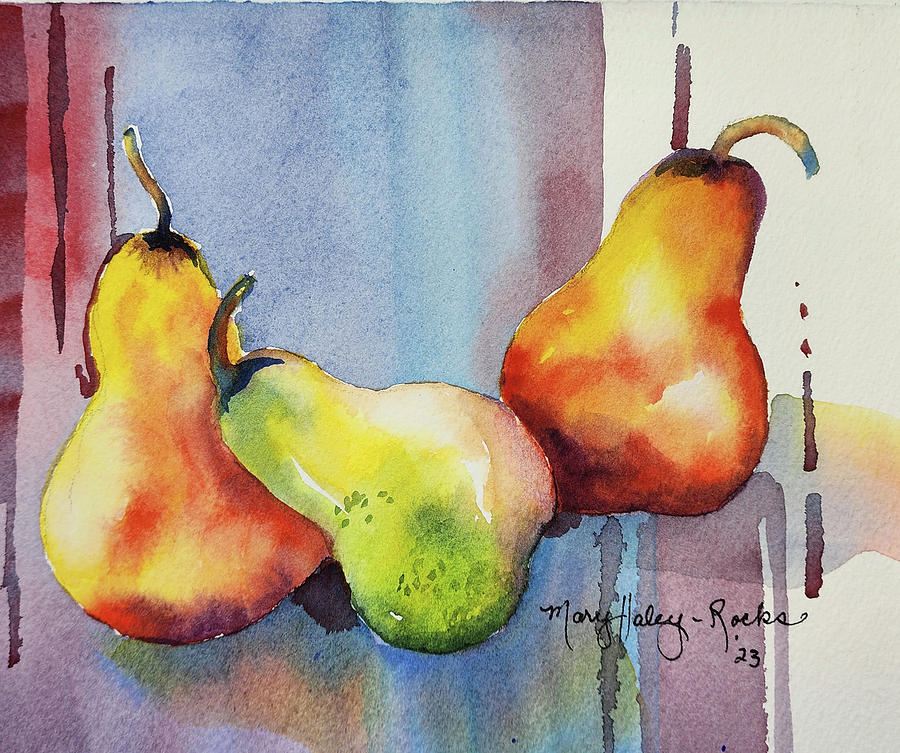 Pears with background Painting by Mary Haley-Rocks