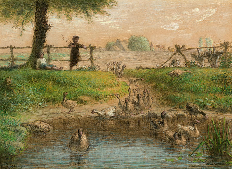 Jean Francois Millet Painting - Peasant Children at Goose Pond by Jean-Francois Millet