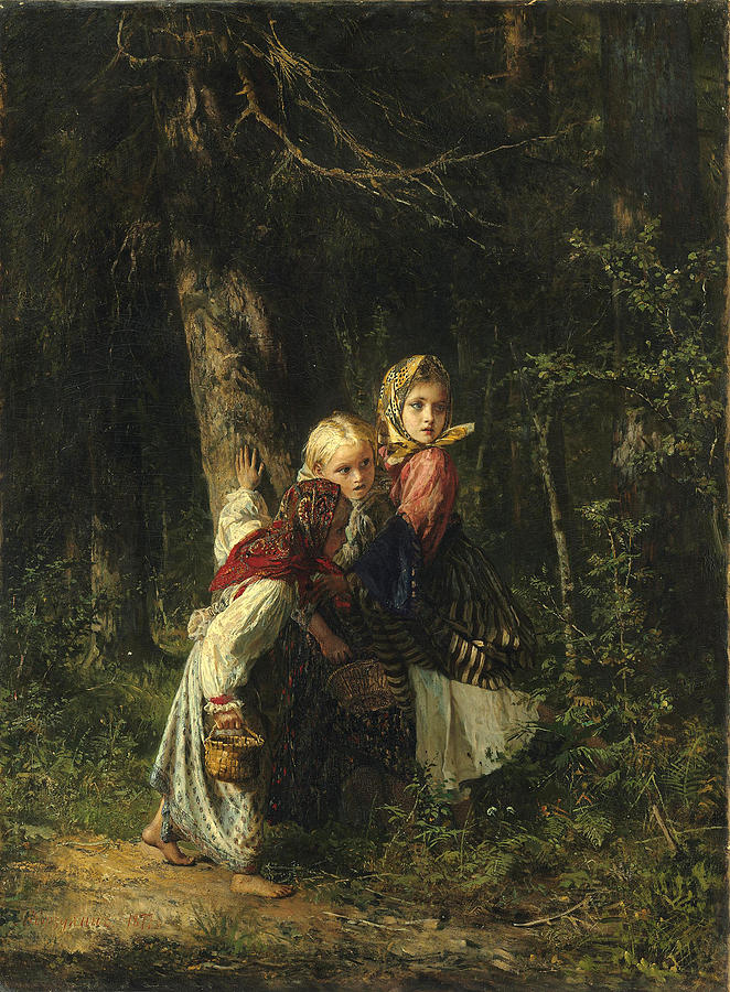 Peasant girls in the forest Painting by Alexei Korzukhin