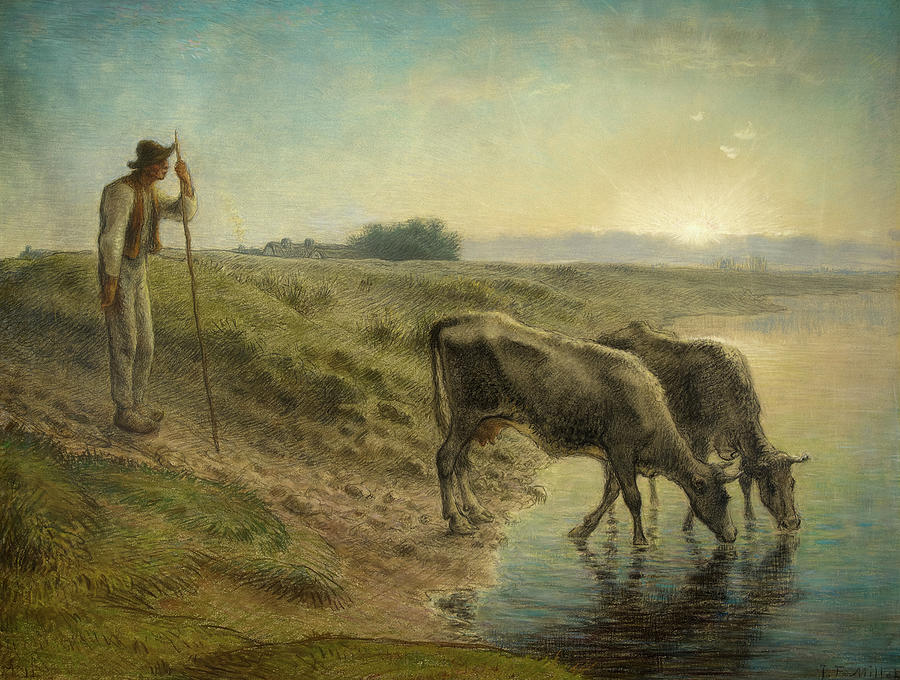 Jean Francois Millet Painting - Peasant Watering his cows on the bank of the Allier River, dusk by Jean-Francois Millet