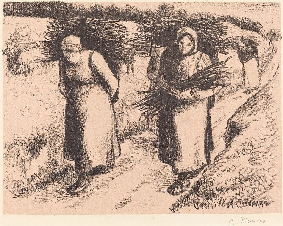 Peasants Carrying Sticks Drawing by Camille Pissarro