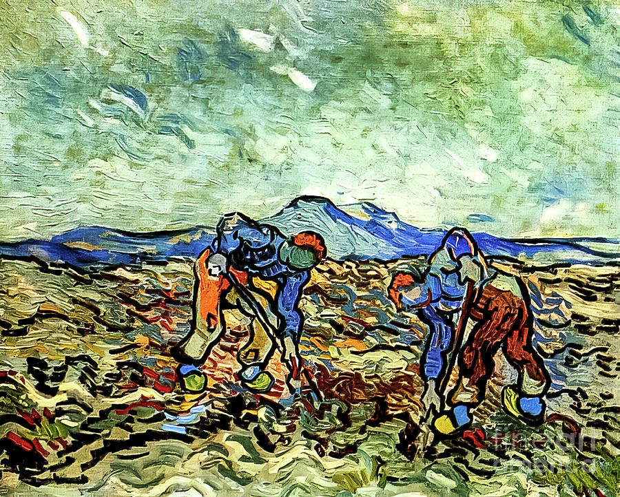 Peasants Lifting Potatoes by Vincent Van Gogh 1890 Painting by Vincent Van Gogh