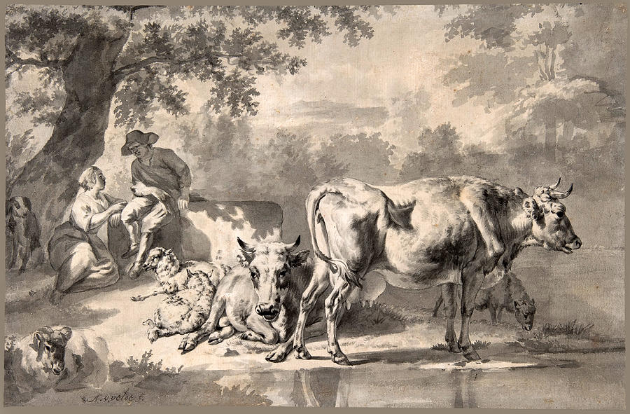 Peasants with Cattle and Sheep Drawing by Adriaen van de Velde