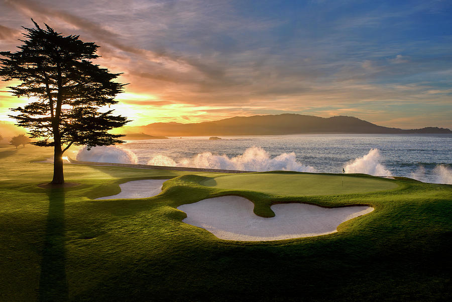 Arnold Palmer Digital Art - Pebble Beach Golf course 18th hole sunset by Peter Nowell