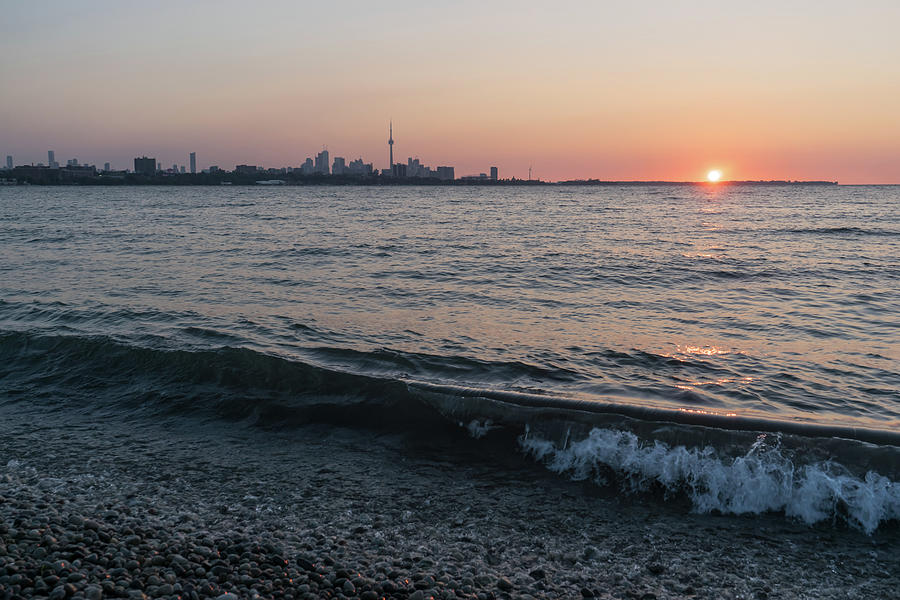 Pebble Photograph - Pebbles and Waves - Splendid Toronto Skyline Sunrise from Humber Bay Shores by Georgia Mizuleva