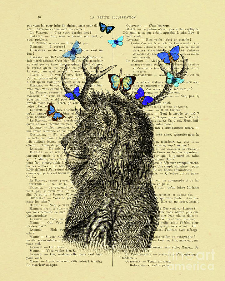 Deer Digital Art - Peculiar Lion Portrait With Butterflies Large Size  by Madame Memento