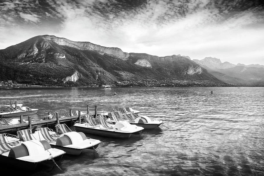 Pedalos on Lake Annecy France Black and White  Photograph by Carol Japp
