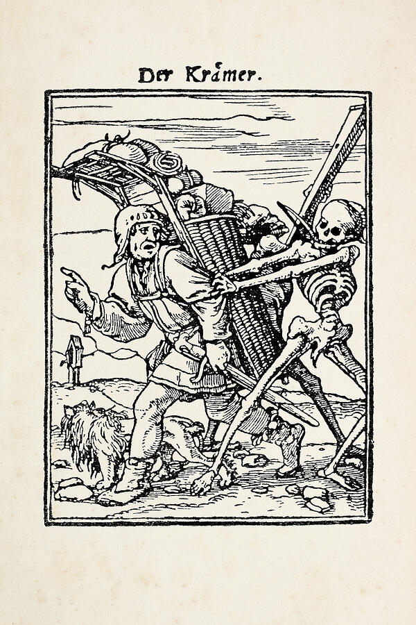 Peddler with skeleton from dance of death after Holbein Drawing by Grafissimo