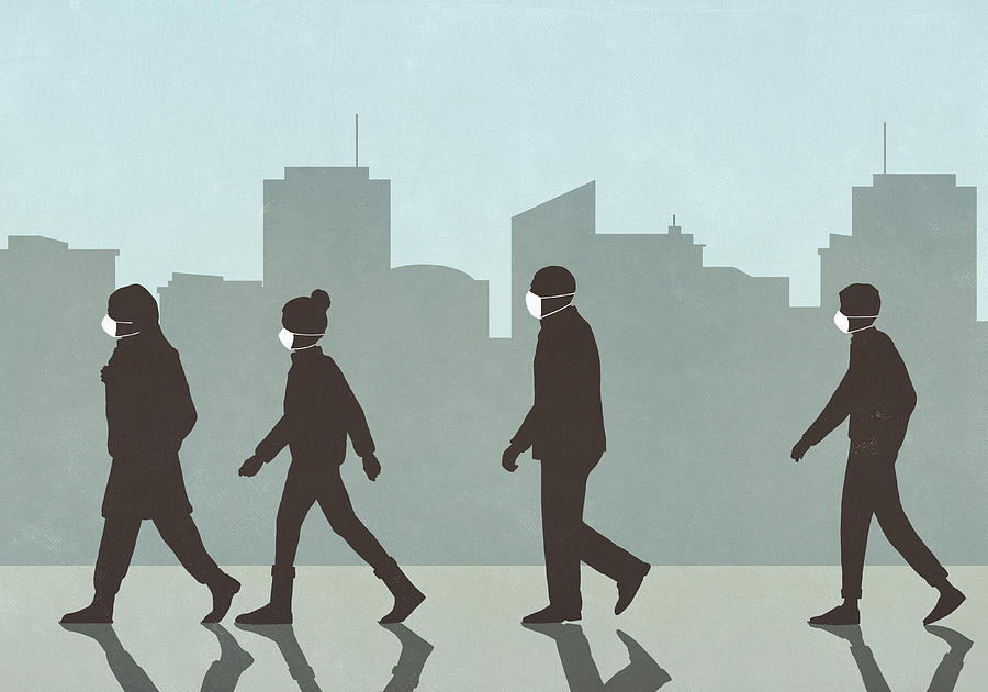 Pedestrians in flu masks walking in city Drawing by Malte Mueller